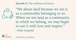 Indra podcast episode 6: The resilience of nature. Quote by Aldo Leopold: “We abuse land because we see it as a commodity belonging to us. When we see land as a community to which we belong, we may begin to use it with love and respect.”