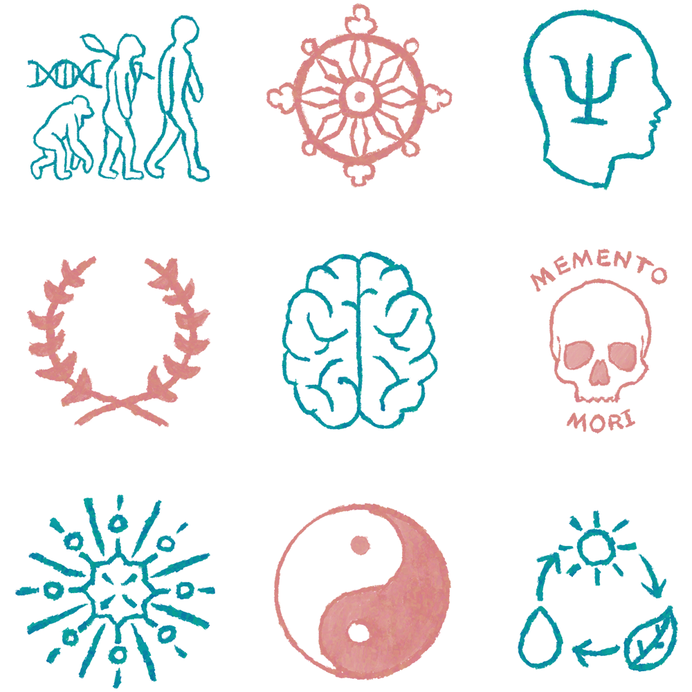 hand-drawn icons representing ancient wisdom and modern knowledge traditions evolution, buddhism, psychology, hellenism, neuroscience, stoicism, big history, taoism, and ecology
