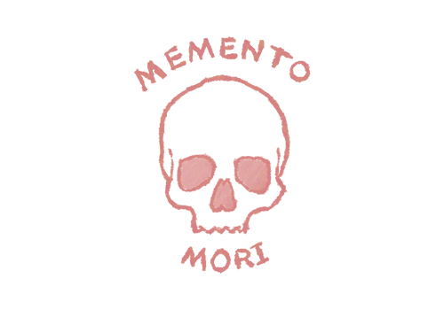 icon for stoicism, with hand sketched skull and the words memento mori