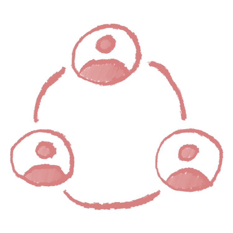 Hand-drawn icon with three avatars of generic people in a circle. Signifies collaboration