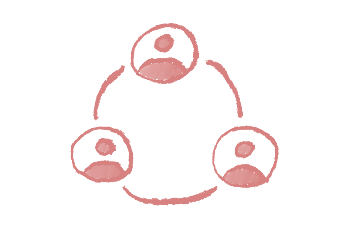 Hand-drawn icon with three avatars of generic people in a circle. Signifies collaboration