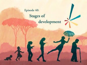 Apotheosis episode 40: Stages of development. Drawing of a sequence of people in silhouette, starting with a baby and getting progressively older with each new silhouette. At the stage of adulthood, the woman hits a peak, conveyed by her standing in a dance pose.